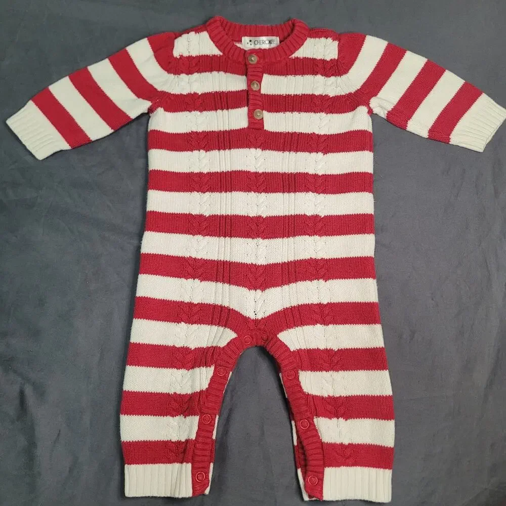 Cherokee Baby Knit Sweater Romper Red White Stripe Henley Long Sleeve One Piece